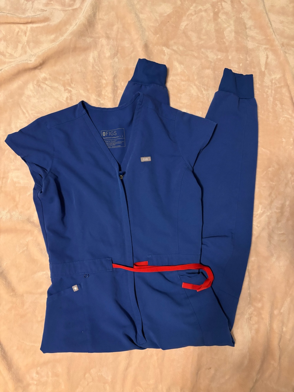 Figs Royal Blue Zip-Up Jumpsuit with Red Drawstring